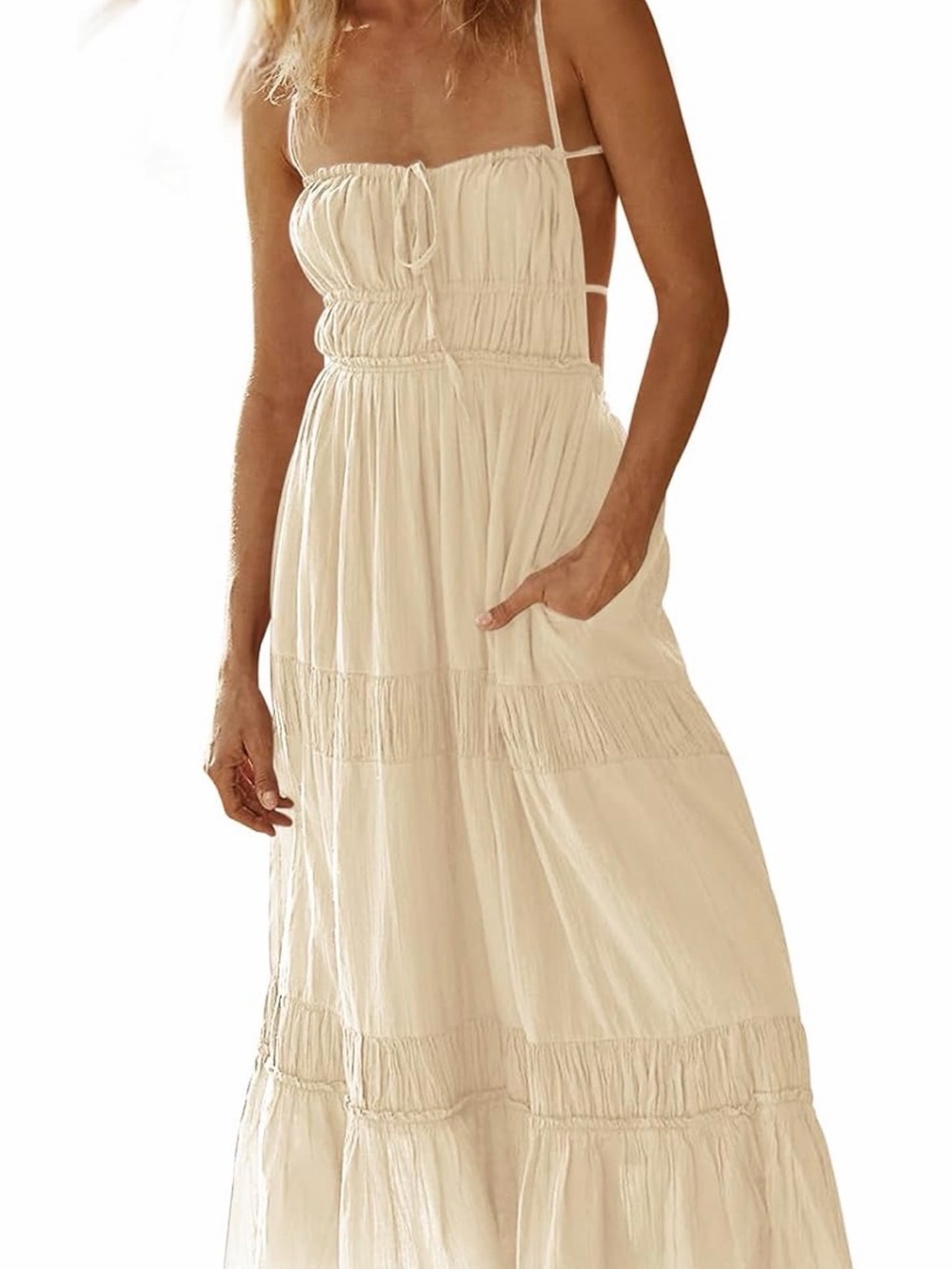 Women's Cream Maxi Sundress with Spaghetti Straps